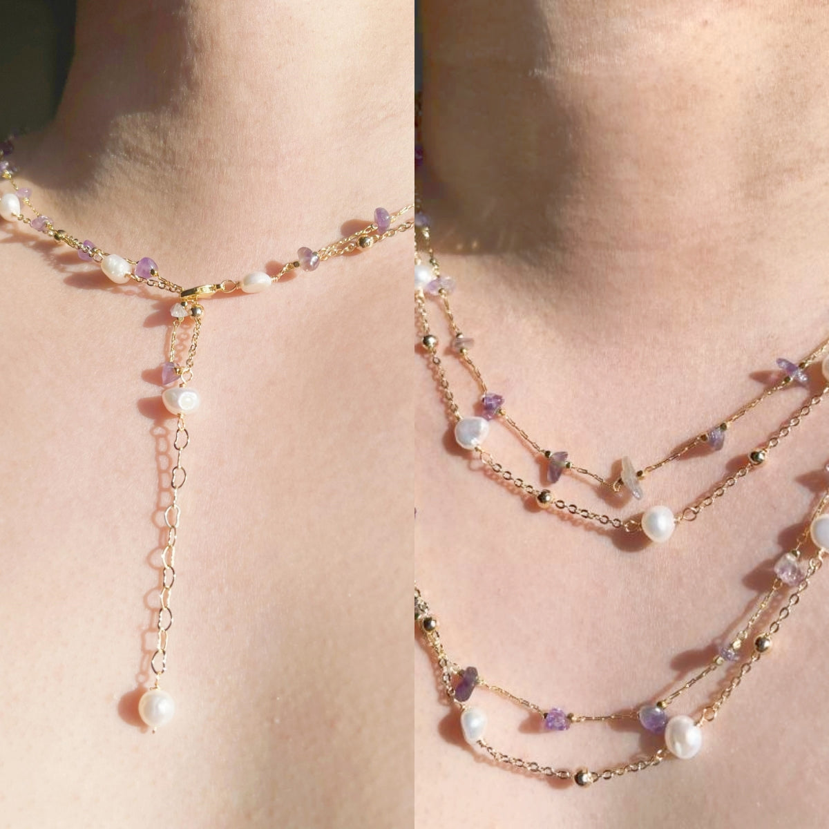 A model wearing Natural Amethyst and Freshwater Pearl Double Layered Necklace Doris 