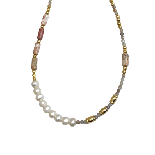 Fresh water pearl necklace with natural stones product image in white background