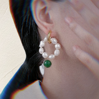 Gold Hoops with Pearls Emerald Resin Decor Eleanor