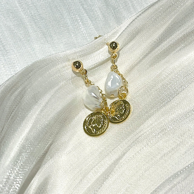 Baroque Pearl Drop Earring with Vintage Gold Coin Leanne on white satin background image