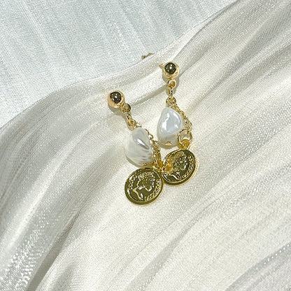 Baroque Pearl Drop Earring with Vintage Gold Coin Leanne on white satin background image