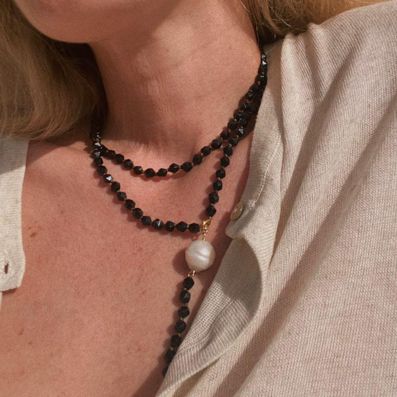 Black Spinel Necklace with Freshwater Baroque Pearl Pendant Lisa