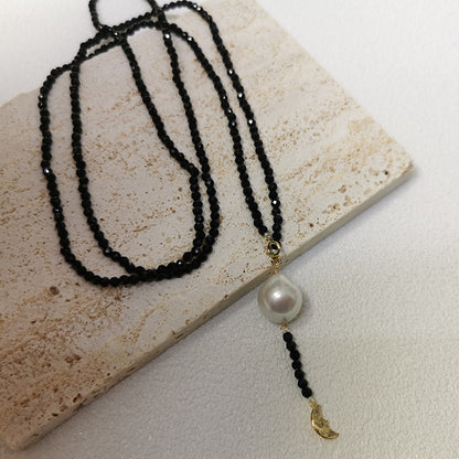 Black Spinel Necklace with Freshwater Baroque Pearl Pendant Lisa