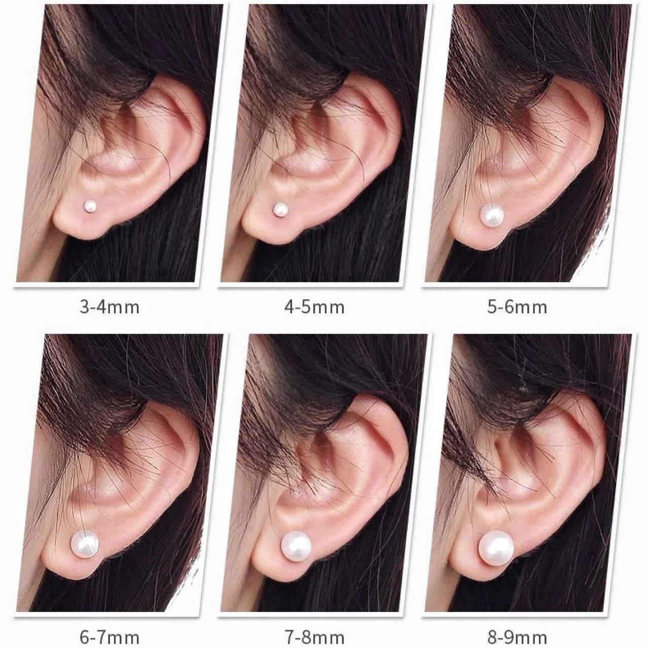 model showing different sizes of pearl studs earrings 