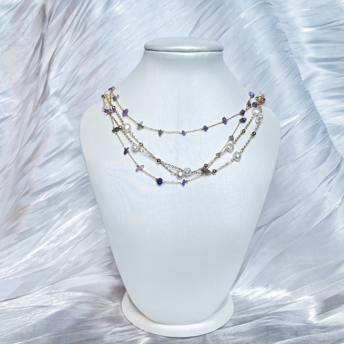 Natural Amethyst and Freshwater Pearl Double Layered Necklace Doris on necklace display 