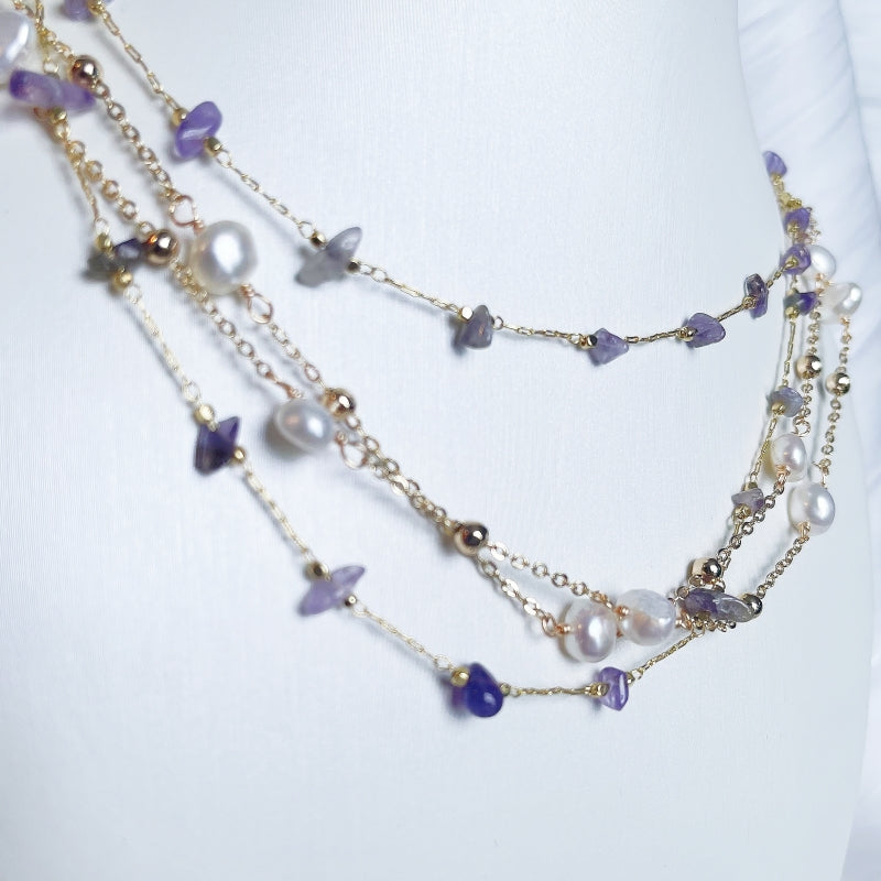 Natural Amethyst and Freshwater Pearl Double Layered Necklace Doris on display